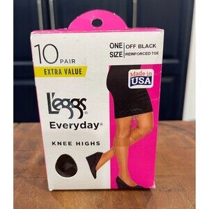 Box of 10 Pair L'eggs Off Black Knee Highs with Reinforced Toe Made in USA